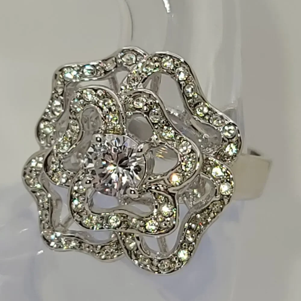 Vintage Nolan Miller Silver-tone Cubic Zirconia Floral Statement Ring